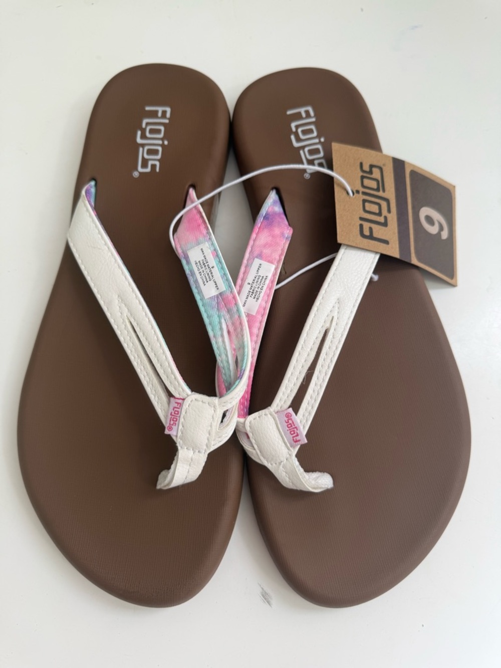 Flojos Brown Footbed White Straps Tie-Dye Pink Teal Accent Sandals